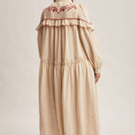 cream embroidered maxi dress, floral embroidered maxi dress, fall maxi dress, western embroidered dress, cream long sleeve dress, ruffle maxi dress, button front maxi dress, boho maxi dress, fall family photo dress, holiday gathering dress, embroidered fall dress, women’s boutique maxi dress, maternity dress