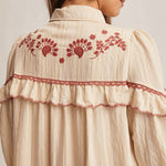 cream embroidered maxi dress, floral embroidered maxi dress, fall maxi dress, western embroidered dress, cream long sleeve dress, ruffle maxi dress, button front maxi dress, boho maxi dress, fall family photo dress, holiday gathering dress, embroidered fall dress, women’s boutique maxi dress