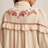 cream embroidered maxi dress, floral embroidered maxi dress, fall maxi dress, western embroidered dress, cream long sleeve dress, ruffle maxi dress, button front maxi dress, boho maxi dress, fall family photo dress, holiday gathering dress, embroidered fall dress, women’s boutique maxi dress