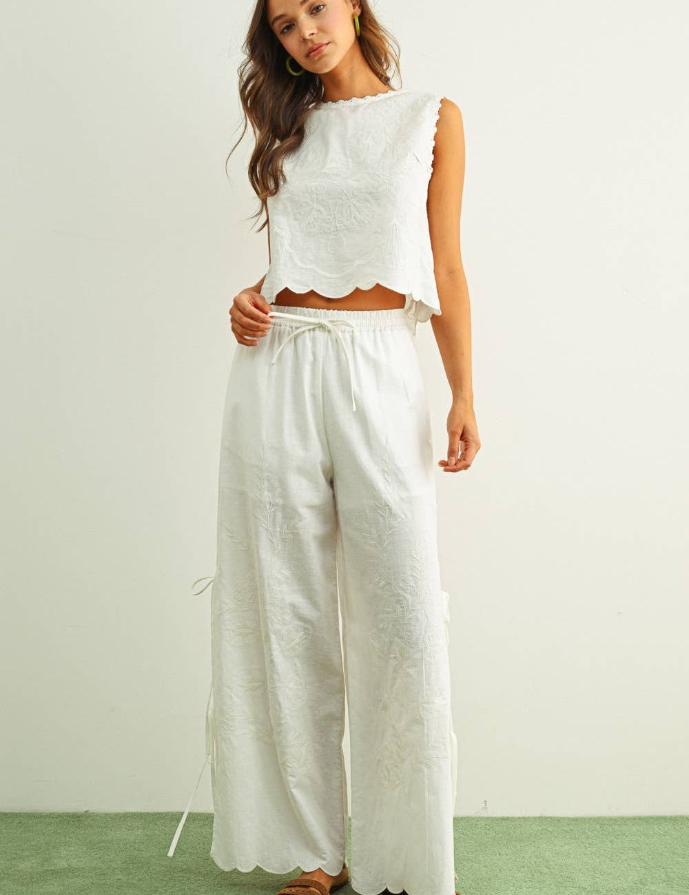 white embroidered cotton linen wide leg pants
relaxed fit embroidered pants with side tie details
lightweight cotton linen pants with wide leg silhouette
white summer pants with embroidery accents
breathable cotton linen trousers for women
matching set embroidered wide leg pants
neutral resort wear pants with side tie detail
elevated white linen blend pants for summer
honeymoon outfit
bachelorette outfit
bridal outfit