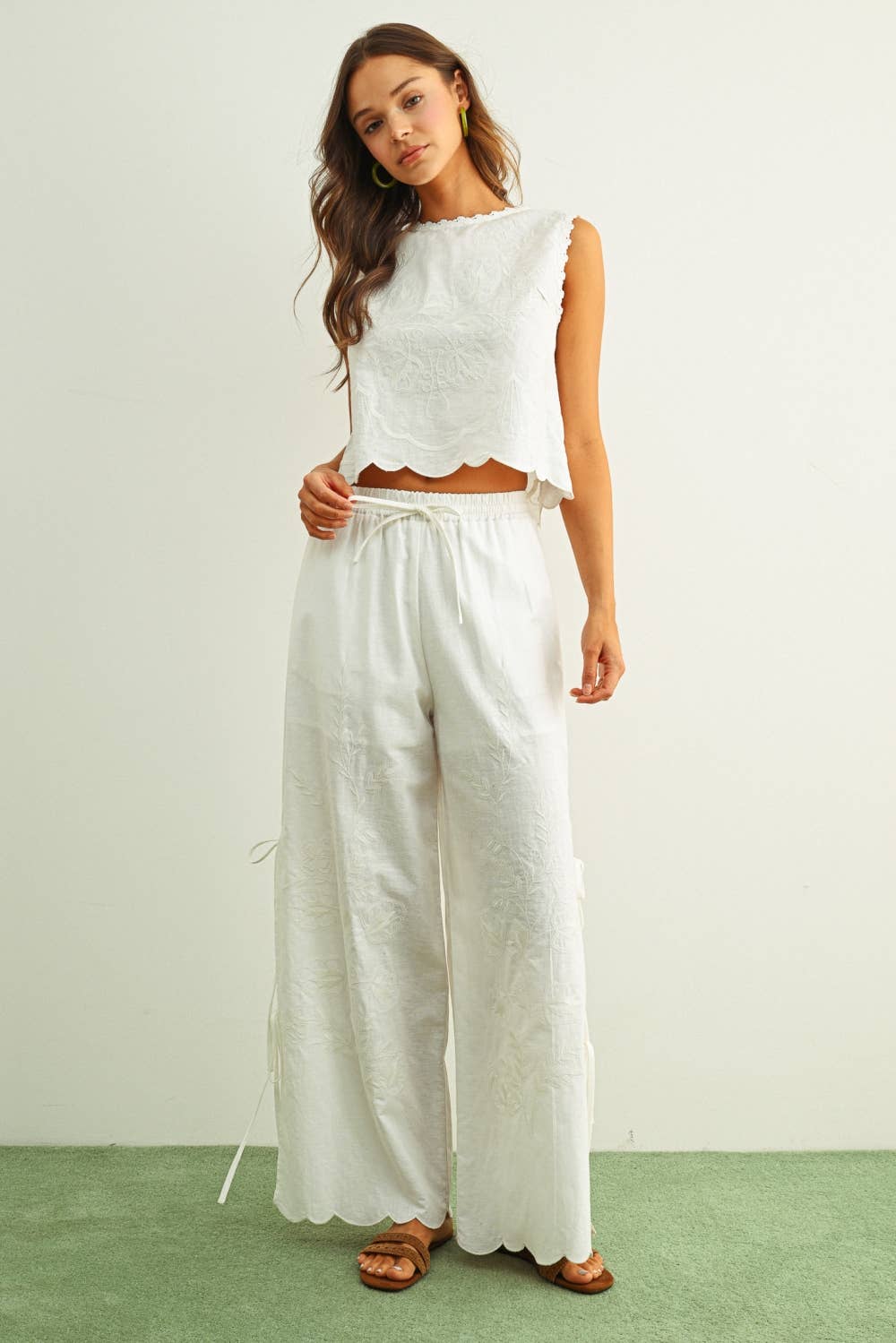 white embroidered cotton linen wide leg pants
relaxed fit embroidered pants with side tie details
lightweight cotton linen pants with wide leg silhouette
white summer pants with embroidery accents
breathable cotton linen trousers for women
matching set embroidered wide leg pants
neutral resort wear pants with side tie detail
elevated white linen blend pants for summer
honeymoon outfit
bachelorette outfit
bridal outfit