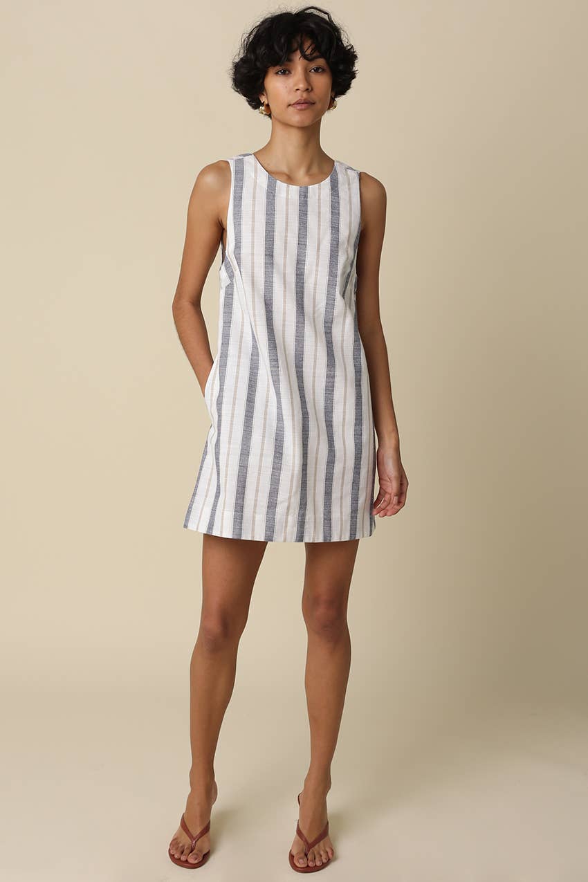 striped open back mini dress
linen blend summer mini dress
coastal striped dress women
open back vacation dress
resort wear mini dress
cotton linen striped dress
summer brunch dress boutique
european summer outfit women
blue striped sleeveless mini dress
west of may spritz collection