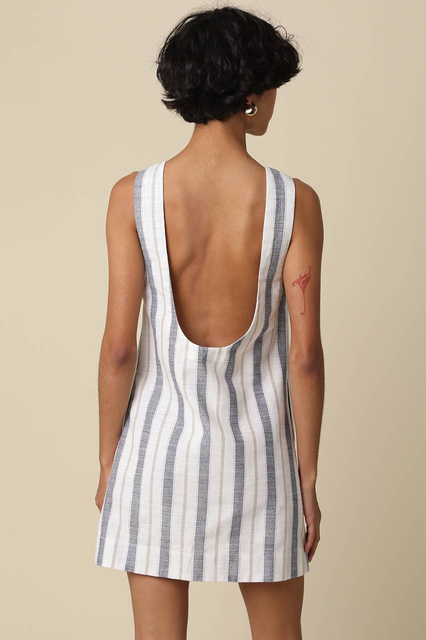 striped open back mini dress
linen blend summer mini dress
coastal striped dress women
open back vacation dress
resort wear mini dress
cotton linen striped dress
summer brunch dress boutique
european summer outfit women
blue striped sleeveless mini dress
west of may spritz collection
