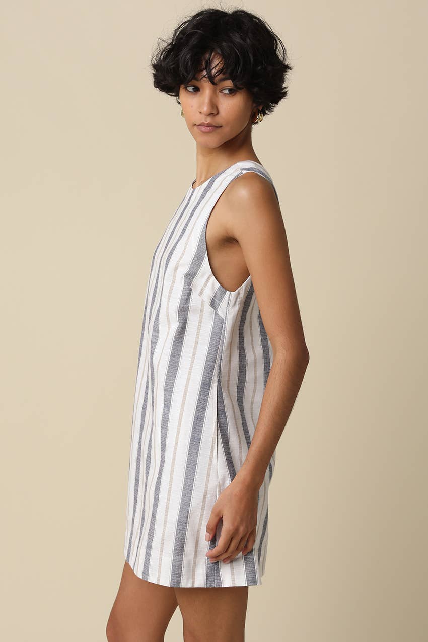 striped open back mini dress
linen blend summer mini dress
coastal striped dress women
open back vacation dress
resort wear mini dress
cotton linen striped dress
summer brunch dress boutique
european summer outfit women
blue striped sleeveless mini dress
west of may spritz collection