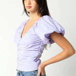 lavender puff sleeve top women, ruched cotton blouse women, easter outfit top women, lilac spring blouse women