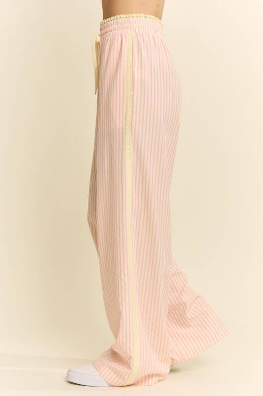 pink stripe wide leg pants
elastic waistband striped pants
vertical stripe summer pants
lightweight pull on pants
striped lounge pants women
wide leg pants with pockets
blush stripe pants women
relaxed fit summer trousers
comfortable boutique wide leg pants
plus size friendly wide leg pants
