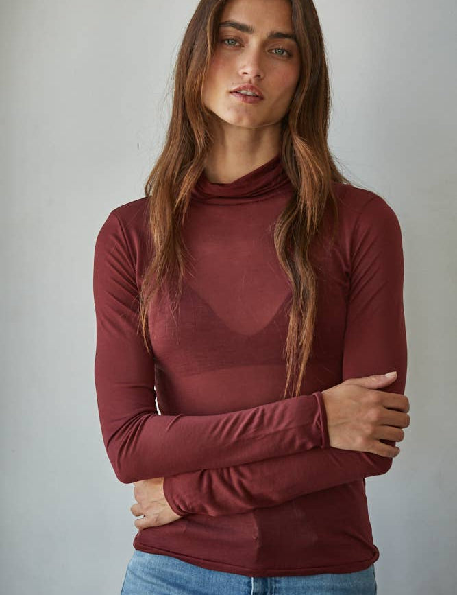 sheer burgundy layering turtleneck