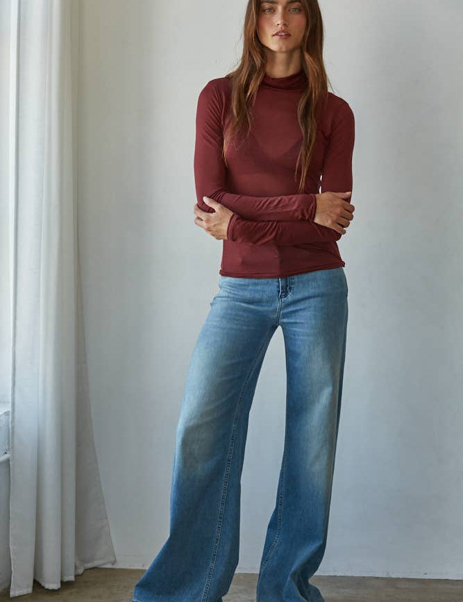 sheer layering turtleneck burgundy