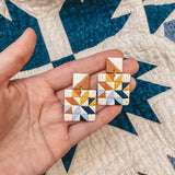 handmade quilt earrings, patchwork dangle earrings, polymer clay dangle earrings, quilt square earrings, colorful geometric earrings, artisan clay earrings, lightweight statement earrings, handcrafted polymer clay jewelry, handmade Michigan earrings, nickel free dangle earrings