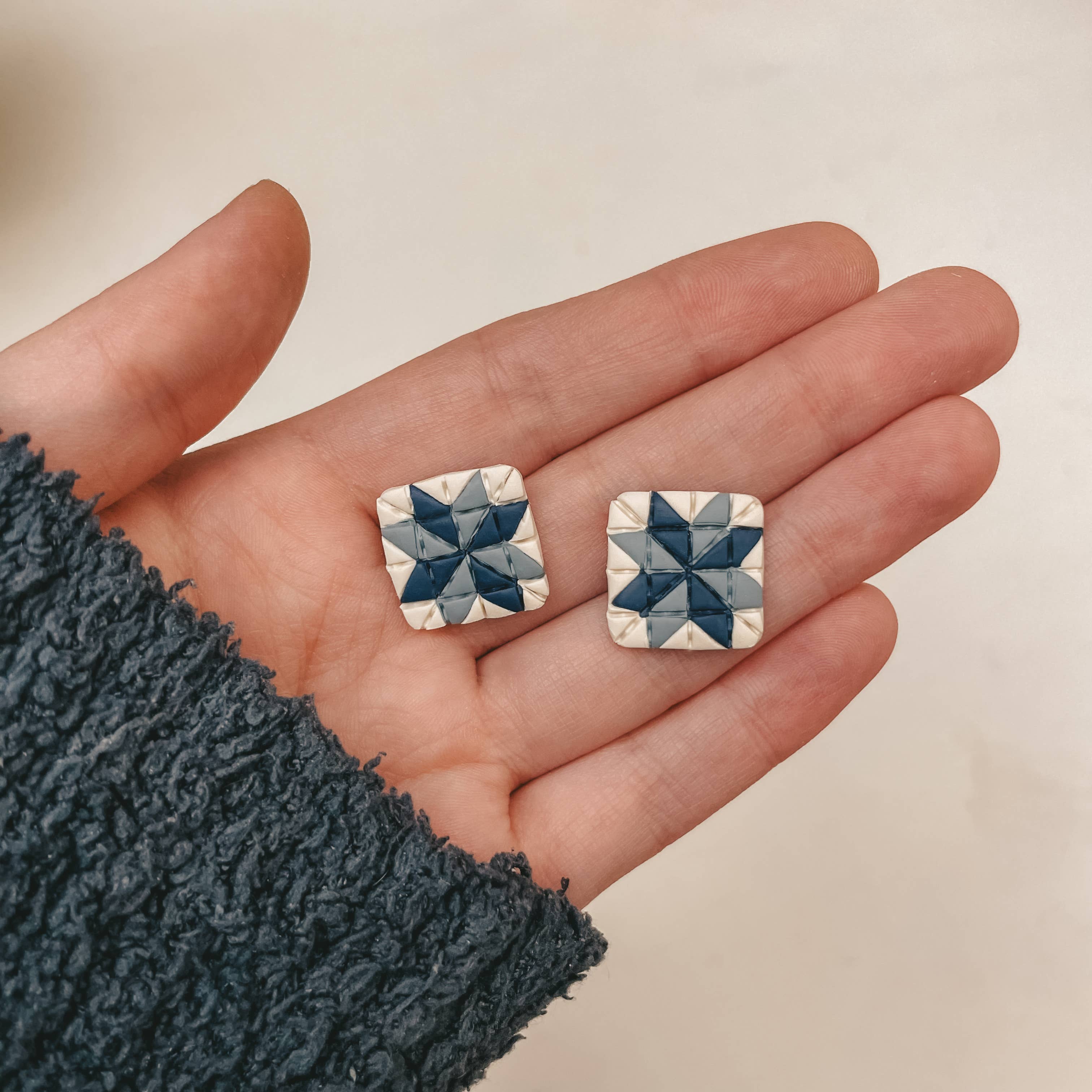 patchwork quilt stud earrings, quilt square earrings, handmade polymer clay earrings, artisan clay stud earrings, lightweight quilt earrings, handcrafted earrings Michigan, colorful patchwork jewelry, nickel free stud earrings, folk art earrings, handmade quilt inspired jewelry