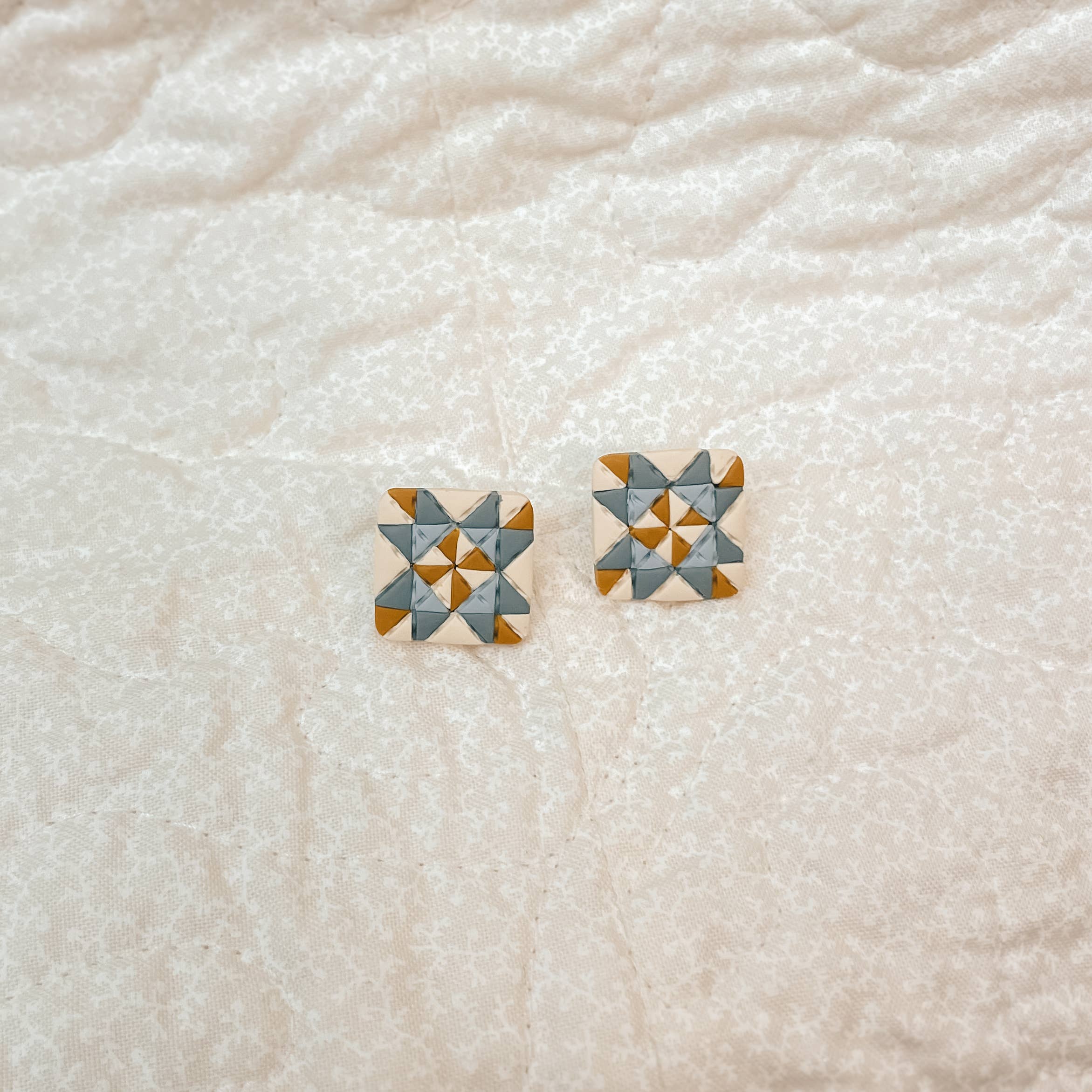 patchwork quilt stud earrings, quilt square earrings, handmade polymer clay earrings, artisan clay stud earrings, lightweight quilt earrings, handcrafted earrings Michigan, colorful patchwork jewelry, nickel free stud earrings, folk art earrings, handmade quilt inspired jewelry