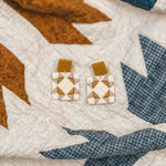 handmade quilt earrings, patchwork dangle earrings, polymer clay dangle earrings, quilt square earrings, colorful geometric earrings, artisan clay earrings, lightweight statement earrings, handcrafted polymer clay jewelry, handmade Michigan earrings, nickel free dangle earrings