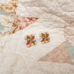 patchwork quilt stud earrings, quilt square earrings, handmade polymer clay earrings, artisan clay stud earrings, lightweight quilt earrings, handcrafted earrings Michigan, colorful patchwork jewelry, nickel free stud earrings, folk art earrings, handmade quilt inspired jewelry