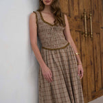 women's brown plaid dress, brown plaid midi dress, brown and cream plaid dress, plaid fall dress, cotton linen midi dress, linen blend fall dress, smocked bodice midi dress, sweetheart neckline dress, western plaid dress, western midi dress, cowgirl fall dress, ranch style dress women, prairie style dress, fall dress with cowboy boots, women's western fall outfit, western women's clothing, western boutique dress, country fall outfit women, women's fall midi dress, brown fall dress, women's boutique fall 