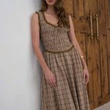 women's brown plaid dress, brown plaid midi dress, brown and cream plaid dress, plaid fall dress, cotton linen midi dress, linen blend fall dress, smocked bodice midi dress, sweetheart neckline dress, western plaid dress, western midi dress, cowgirl fall dress, ranch style dress women, prairie style dress, fall dress with cowboy boots, women's western fall outfit, western women's clothing, western boutique dress, country fall outfit women, women's fall midi dress, brown fall dress, women's boutique fall 