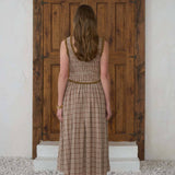 women's brown plaid dress, brown plaid midi dress, brown and cream plaid dress, plaid fall dress, cotton linen midi dress, linen blend fall dress, smocked bodice midi dress, sweetheart neckline dress, western plaid dress, western midi dress, cowgirl fall dress, ranch style dress women, prairie style dress, fall dress with cowboy boots, women's western fall outfit, western women's clothing, western boutique dress, country fall outfit women, women's fall midi dress, brown fall dress, women's boutique fall 