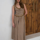 women's brown plaid dress, brown plaid midi dress, brown and cream plaid dress, plaid fall dress, cotton linen midi dress, linen blend fall dress, smocked bodice midi dress, sweetheart neckline dress, western plaid dress, western midi dress, cowgirl fall dress, ranch style dress women, prairie style dress, fall dress with cowboy boots, women's western fall outfit, western women's clothing, western boutique dress, country fall outfit women, women's fall midi dress, brown fall dress, women's boutique fall 