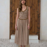 women's brown plaid dress, brown plaid midi dress, brown and cream plaid dress, plaid fall dress, cotton linen midi dress, linen blend fall dress, smocked bodice midi dress, sweetheart neckline dress, western plaid dress, western midi dress, cowgirl fall dress, ranch style dress women, prairie style dress, fall dress with cowboy boots, women's western fall outfit, western women's clothing, western boutique dress, country fall outfit women, women's fall midi dress, brown fall dress, women's boutique fall 
