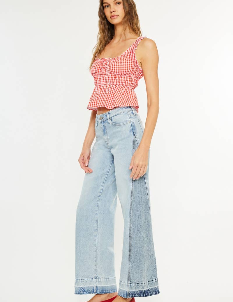 wide leg jeans women, colorblock denim jeans, light wash wide leg jeans, two tone jeans women