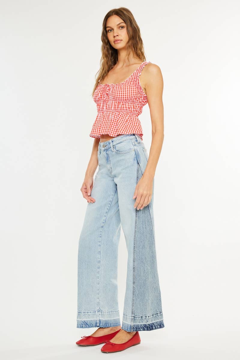 wide leg jeans women, colorblock denim jeans, light wash wide leg jeans, two tone jeans women