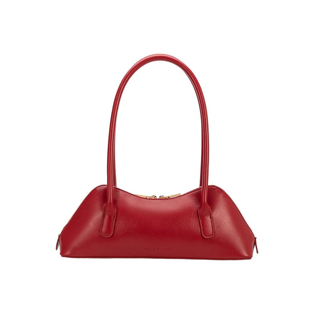 structured red handbag with shoulder straps and gold zipper