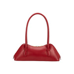 structured red handbag with shoulder straps and gold zipper