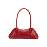 structured red handbag with shoulder straps and gold zipper