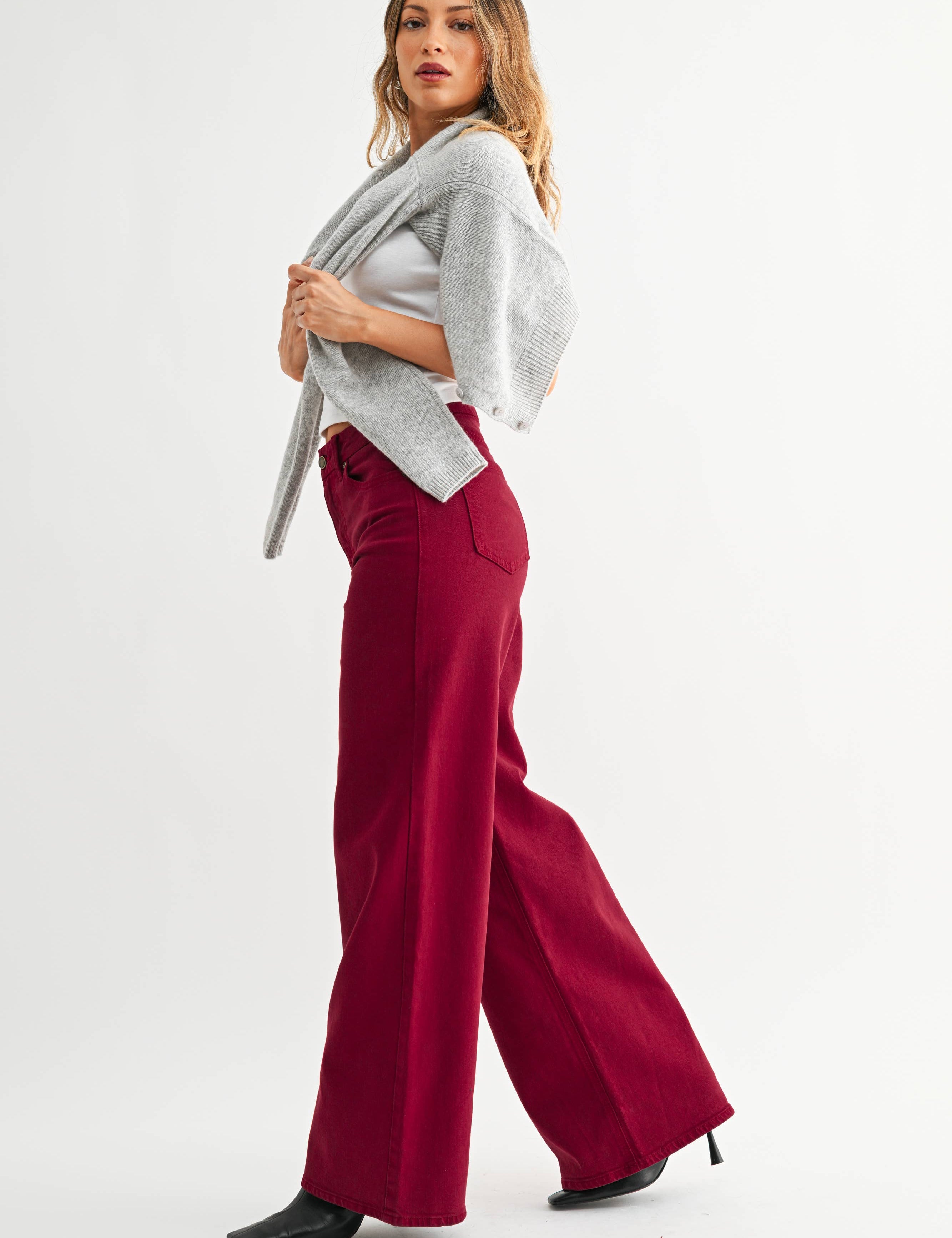 cherry wide leg jeans, burgundy jeans, colored denim, high rise wide leg jeans, palazzo jeans, women's colored denim, fall jeans, burgundy wide leg pants, stretch denim jeans, boutique denim, women's fall fashion, west of may boutique