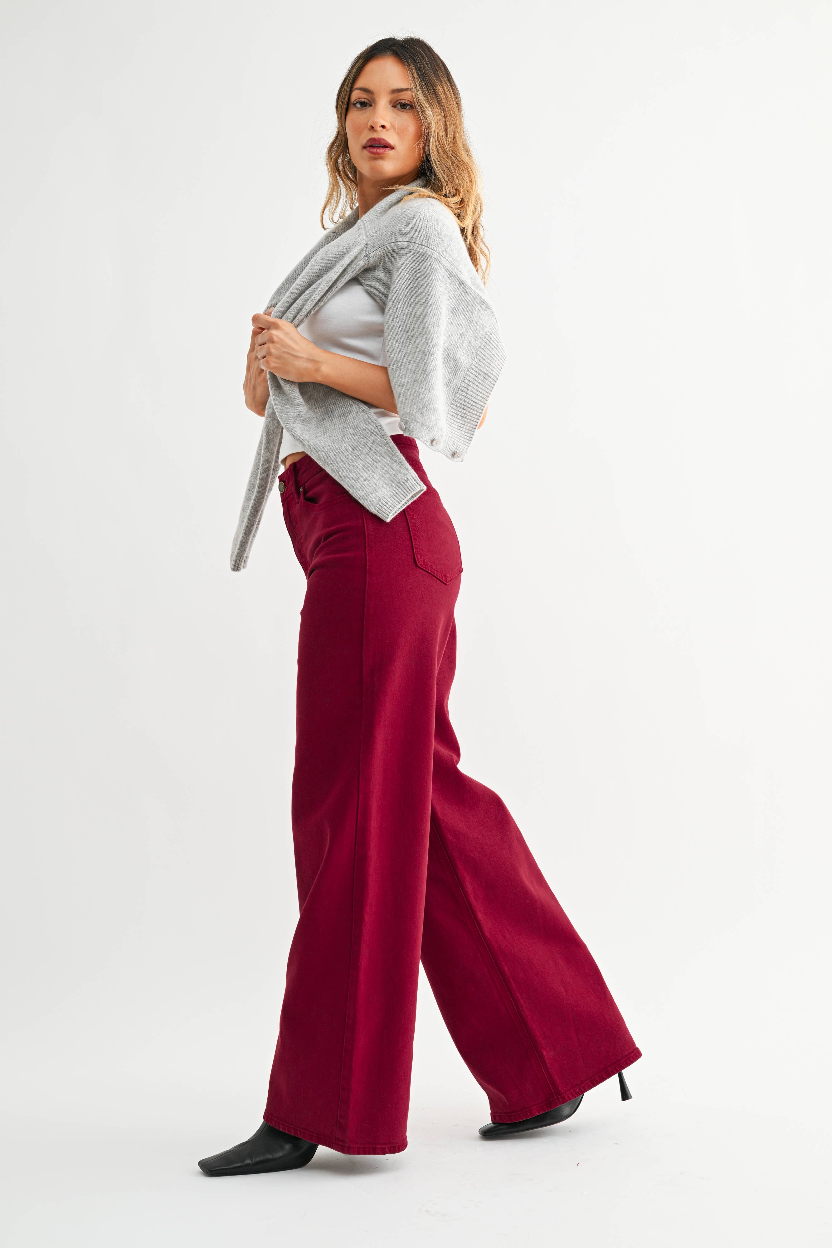 cherry wide leg jeans, burgundy jeans, colored denim, high rise wide leg jeans, palazzo jeans, women's colored denim, fall jeans, burgundy wide leg pants, stretch denim jeans, boutique denim, women's fall fashion, west of may boutique