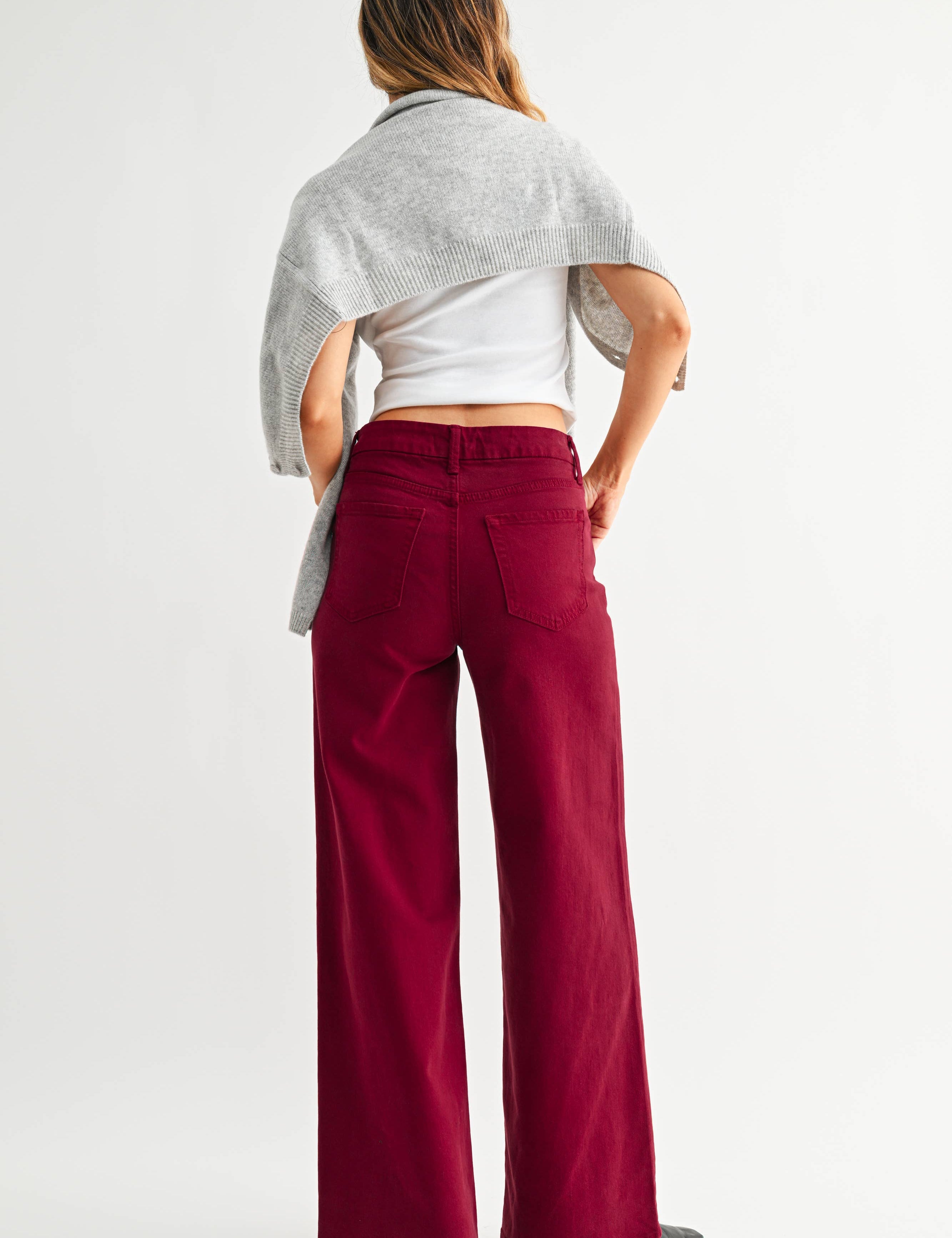 cherry wide leg jeans, burgundy jeans, colored denim, high rise wide leg jeans, palazzo jeans, women's colored denim, fall jeans, burgundy wide leg pants, stretch denim jeans, boutique denim, women's fall fashion, west of may boutique