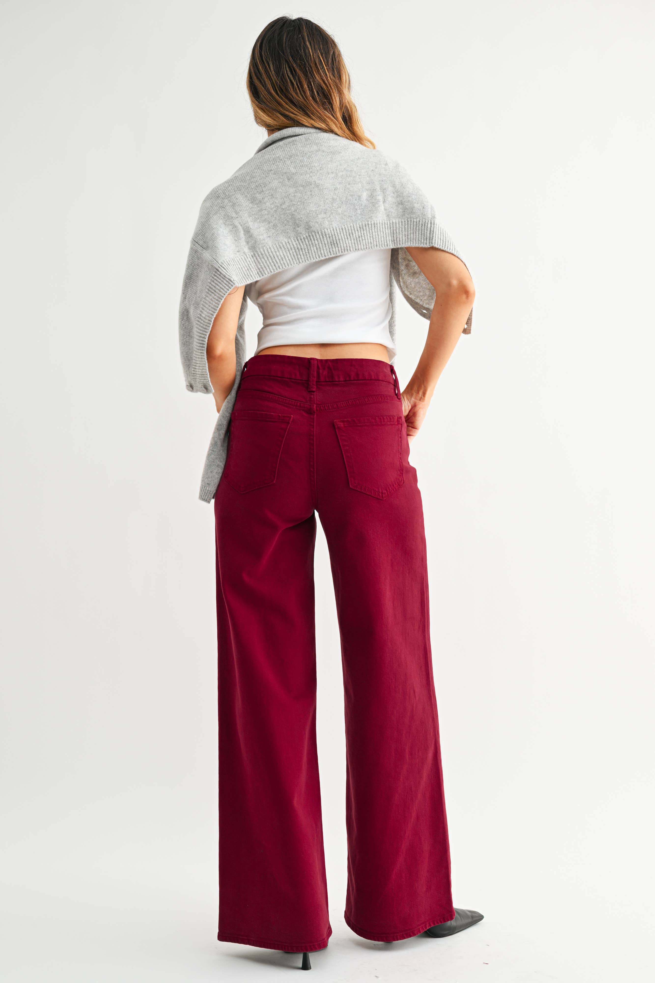 cherry wide leg jeans, burgundy jeans, colored denim, high rise wide leg jeans, palazzo jeans, women's colored denim, fall jeans, burgundy wide leg pants, stretch denim jeans, boutique denim, women's fall fashion, west of may boutique