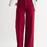 cherry wide leg jeans, burgundy jeans, colored denim, high rise wide leg jeans, palazzo jeans, women's colored denim, fall jeans, burgundy wide leg pants, stretch denim jeans, boutique denim, women's fall fashion, west of may boutique