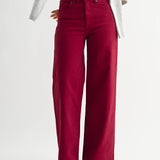 cherry wide leg jeans, burgundy jeans, colored denim, high rise wide leg jeans, palazzo jeans, women's colored denim, fall jeans, burgundy wide leg pants, stretch denim jeans, boutique denim, women's fall fashion, west of may boutique