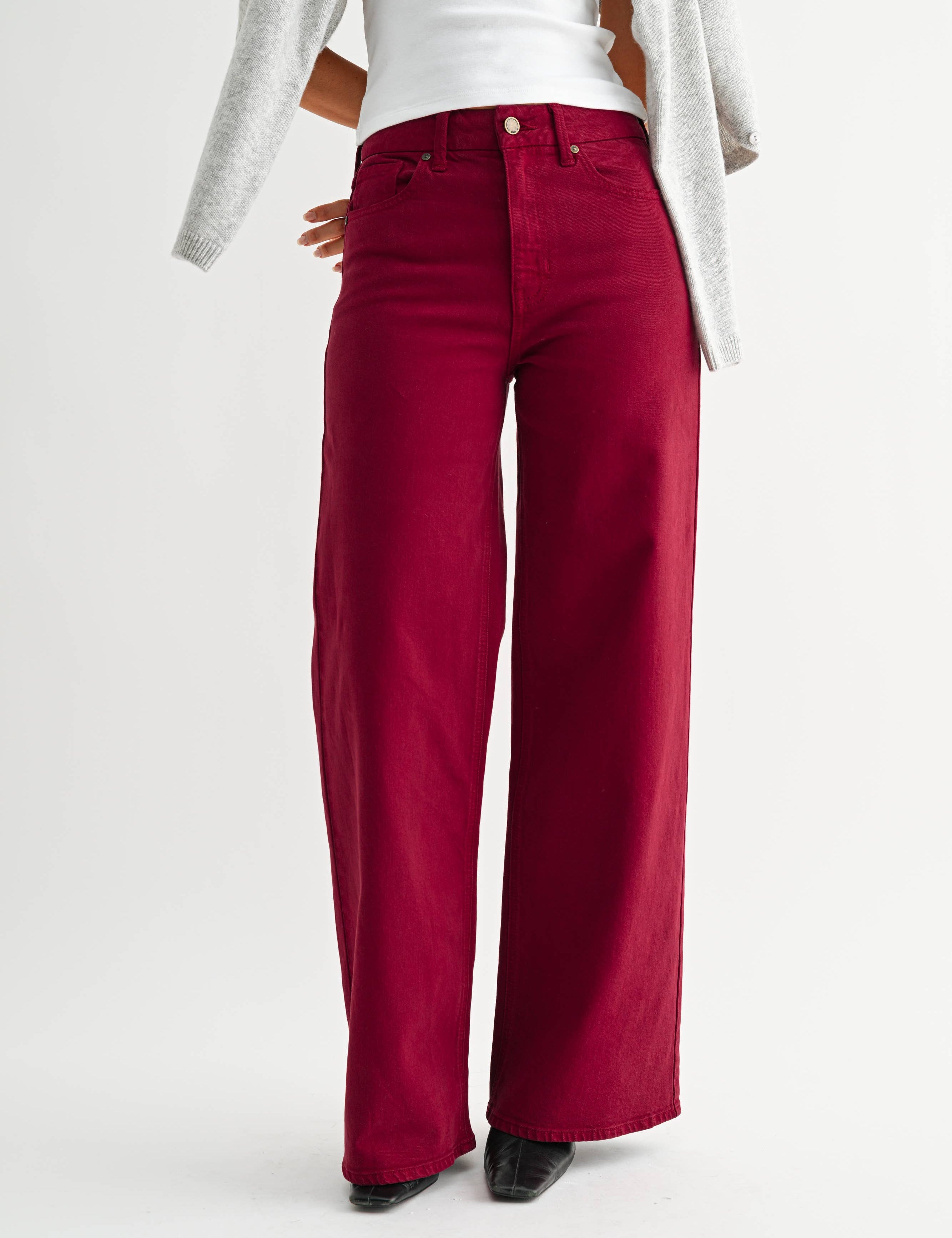 cherry wide leg jeans, burgundy jeans, colored denim, high rise wide leg jeans, palazzo jeans, women's colored denim, fall jeans, burgundy wide leg pants, stretch denim jeans, boutique denim, women's fall fashion, west of may boutique