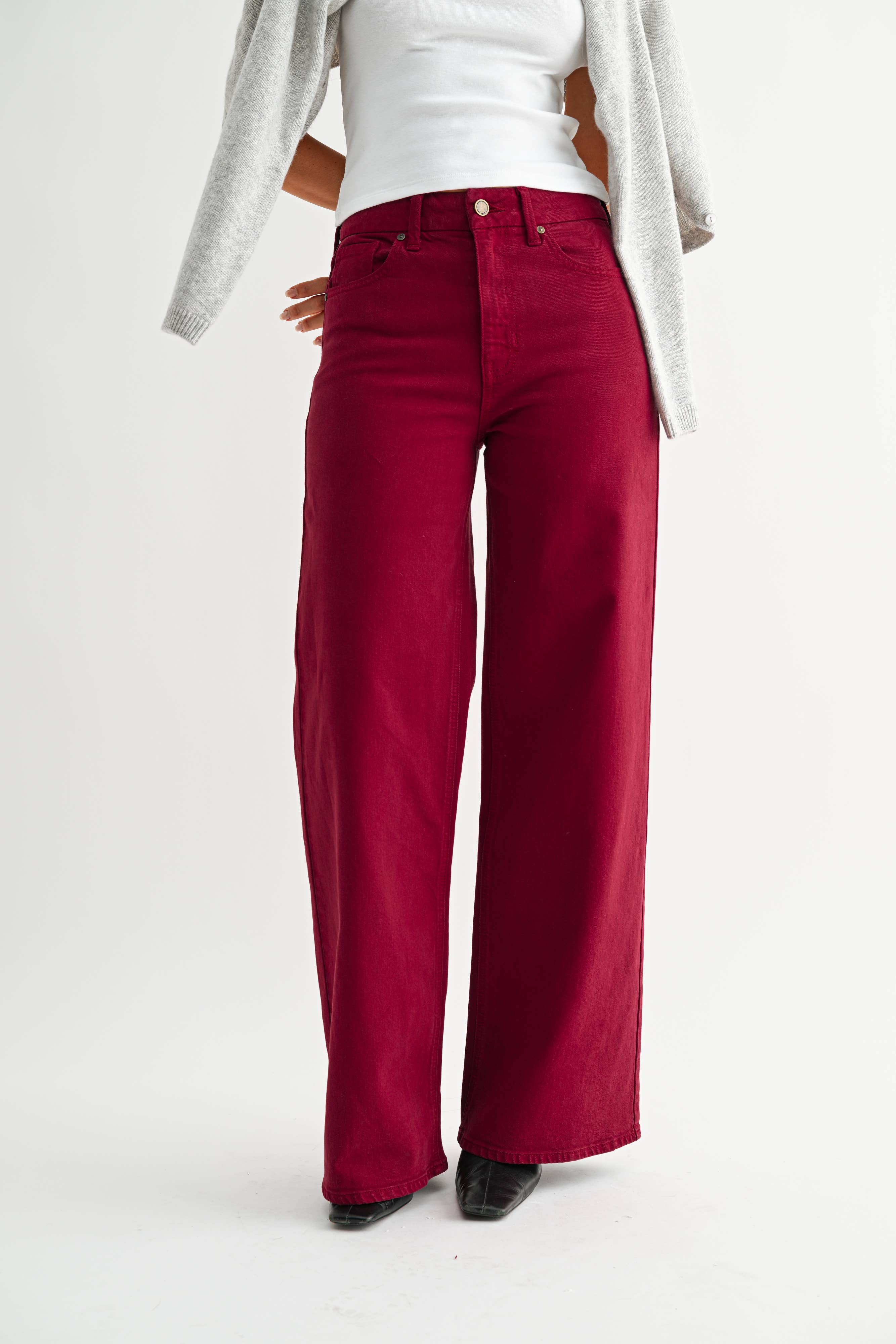 cherry wide leg jeans, burgundy jeans, colored denim, high rise wide leg jeans, palazzo jeans, women's colored denim, fall jeans, burgundy wide leg pants, stretch denim jeans, boutique denim, women's fall fashion, west of may boutique
