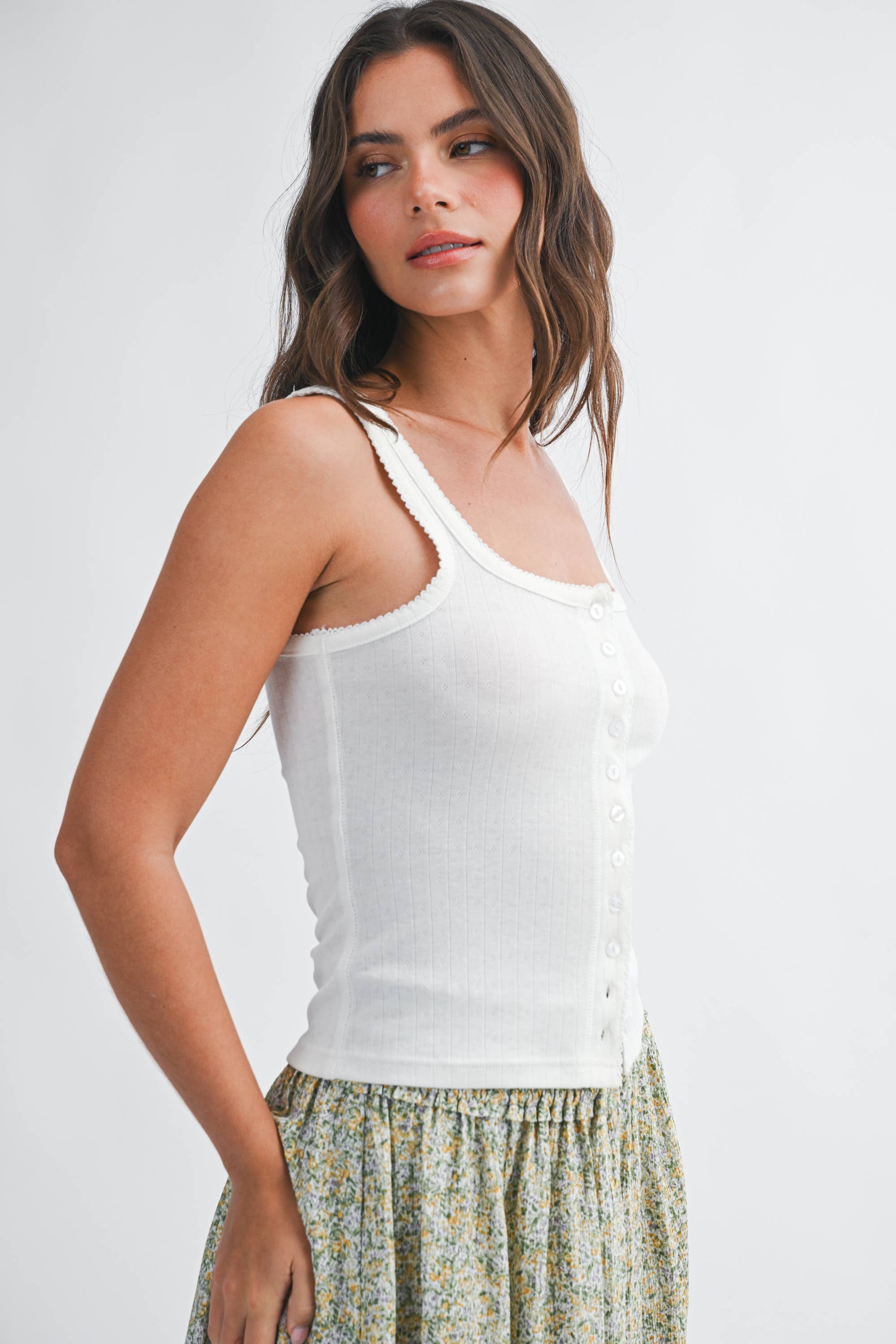 white ribbed tank top
button front tank top
feminine summer tank
white fitted knit tank
scalloped trim tank top
casual summer basics
americana summer style
cute white tank top women
ribbed sleeveless top
soft stretch knit tank
boutique summer basics
scoop neck tank top
everyday summer outfit
southern summer fashion
layering tank for summer
casual feminine clothing
classic white summer top
fitted ribbed tank women
easy summer styling piece
countryside summer aesthetic