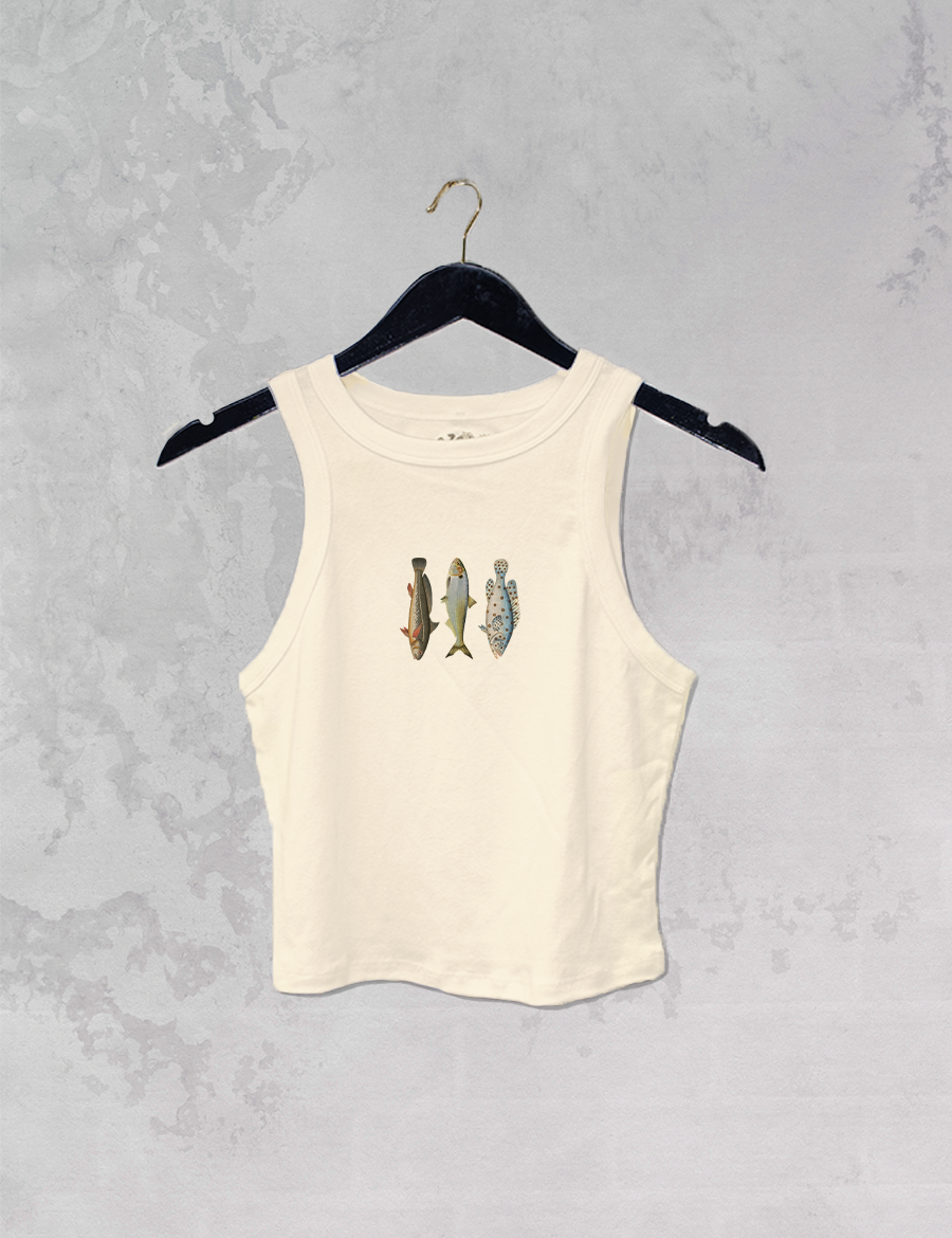 fish graphic tank top, ribbed baby tank, cropped graphic tank, lake life tank top, women's fishing tank, high neck ribbed tank, casual summer tank, fish print tank top, cream graphic tank, outdoor inspired tank