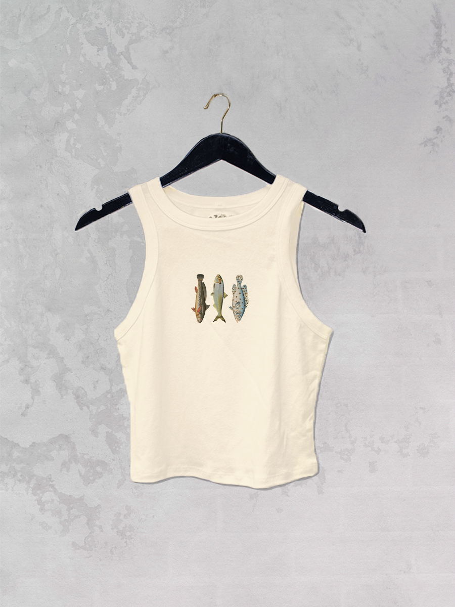 fish graphic tank top, ribbed baby tank, cropped graphic tank, lake life tank top, women's fishing tank, high neck ribbed tank, casual summer tank, fish print tank top, cream graphic tank, outdoor inspired tank