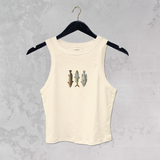 fish graphic tank top, ribbed baby tank, cropped graphic tank, lake life tank top, women's fishing tank, high neck ribbed tank, casual summer tank, fish print tank top, cream graphic tank, outdoor inspired tank