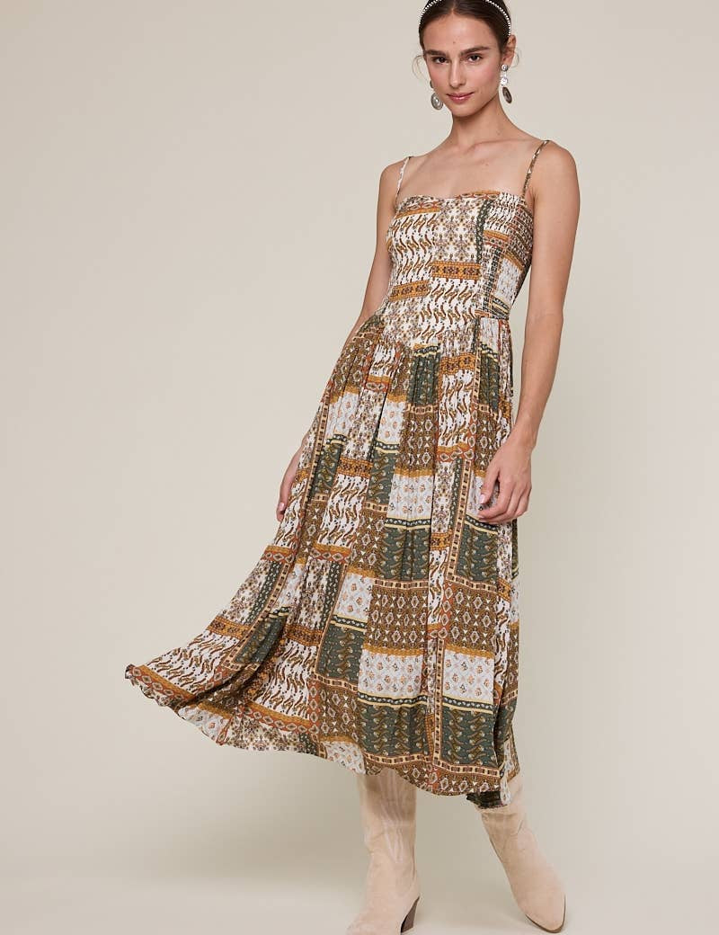 patchwork print midi dress, boho midi dress, smocked bodice dress, brown green printed dress, adjustable strap midi dress, flowy rayon midi dress, western inspired midi dress, fall transition dress, patterned sleeveless dress, neutral boho dress