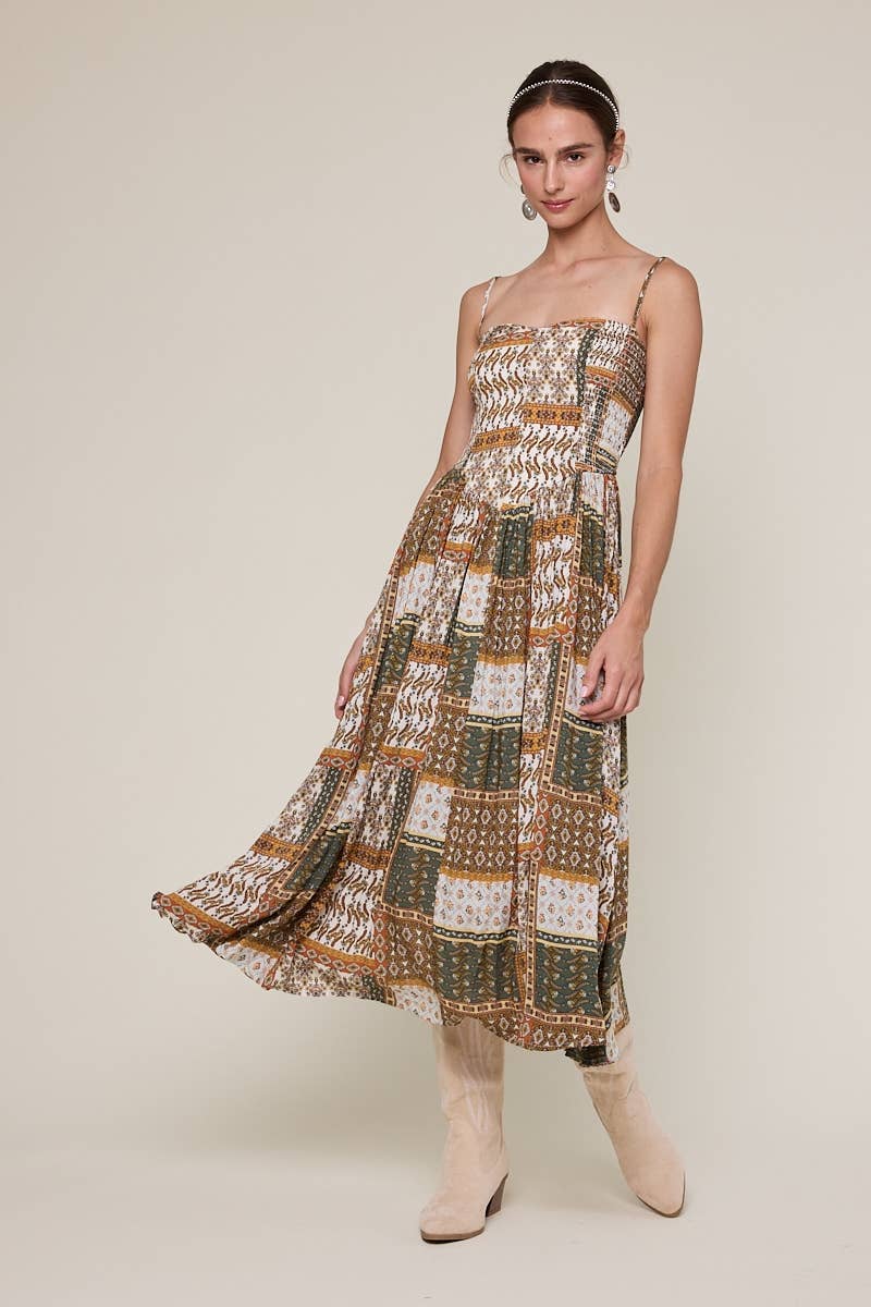 patchwork print midi dress, boho midi dress, smocked bodice dress, brown green printed dress, adjustable strap midi dress, flowy rayon midi dress, western inspired midi dress, fall transition dress, patterned sleeveless dress, neutral boho dress