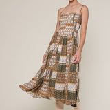 patchwork print midi dress, boho midi dress, smocked bodice dress, brown green printed dress, adjustable strap midi dress, flowy rayon midi dress, western inspired midi dress, fall transition dress, patterned sleeveless dress, neutral boho dress