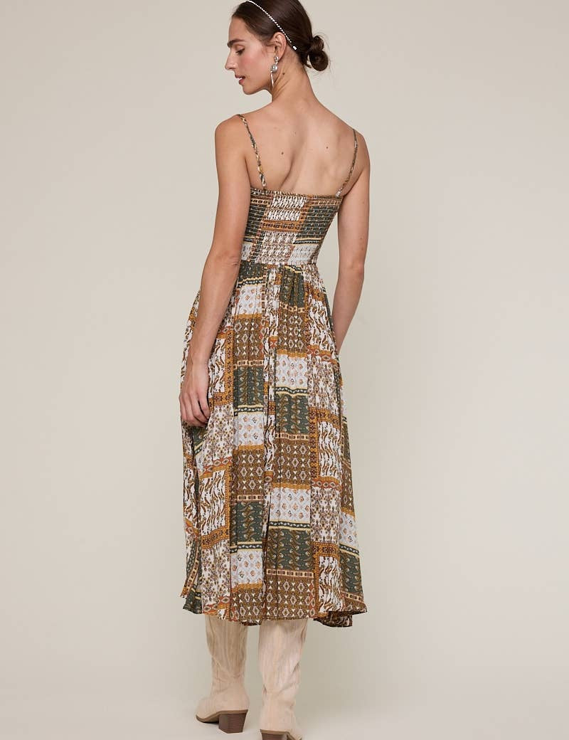 patchwork print midi dress, boho midi dress, smocked bodice dress, brown green printed dress, adjustable strap midi dress, flowy rayon midi dress, western inspired midi dress, fall transition dress, patterned sleeveless dress, neutral boho dress