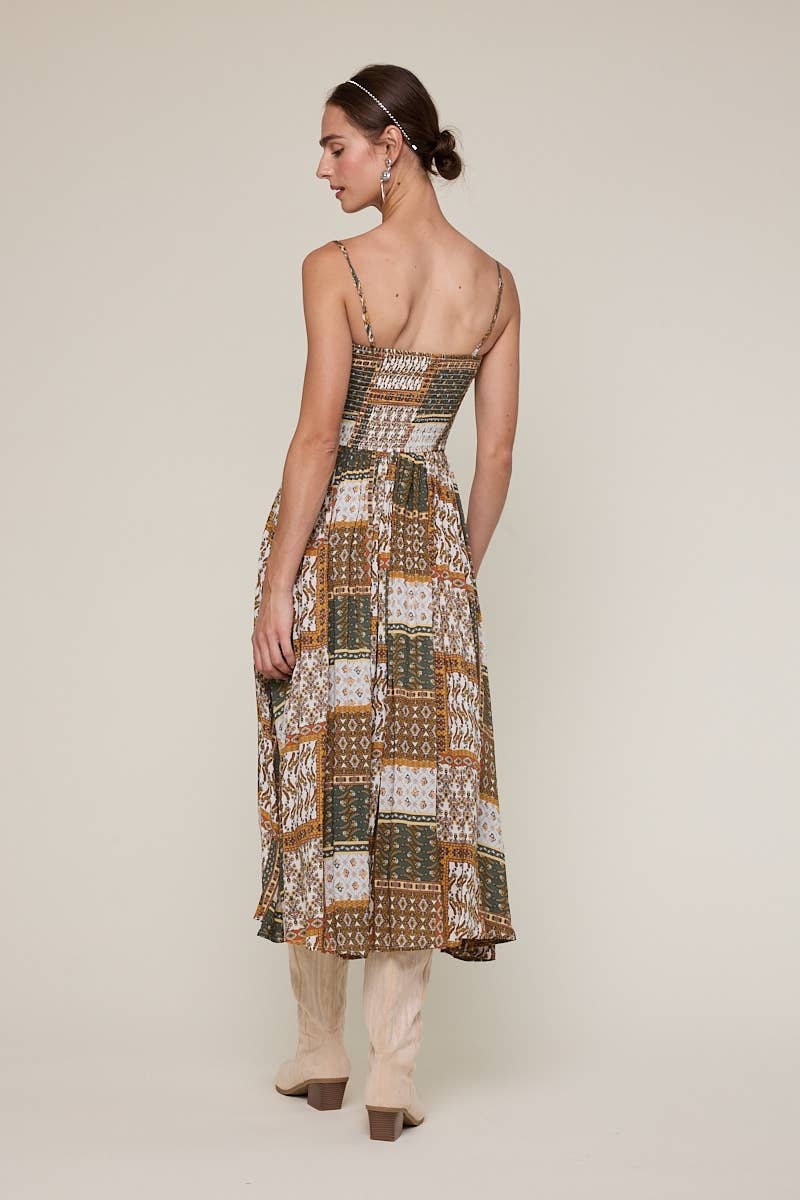 patchwork print midi dress, boho midi dress, smocked bodice dress, brown green printed dress, adjustable strap midi dress, flowy rayon midi dress, western inspired midi dress, fall transition dress, patterned sleeveless dress, neutral boho dress