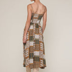 patchwork print midi dress, boho midi dress, smocked bodice dress, brown green printed dress, adjustable strap midi dress, flowy rayon midi dress, western inspired midi dress, fall transition dress, patterned sleeveless dress, neutral boho dress