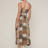 patchwork print midi dress, boho midi dress, smocked bodice dress, brown green printed dress, adjustable strap midi dress, flowy rayon midi dress, western inspired midi dress, fall transition dress, patterned sleeveless dress, neutral boho dress