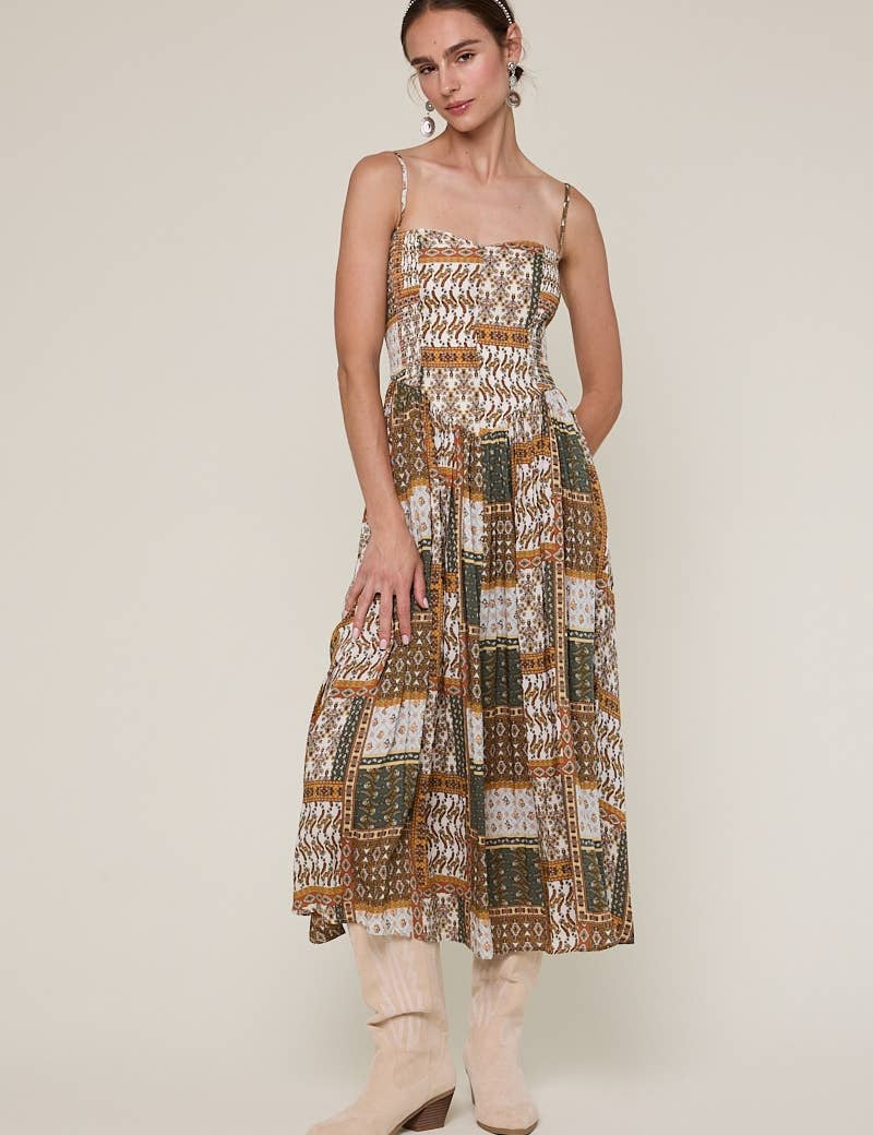 patchwork print midi dress, boho midi dress, smocked bodice dress, brown green printed dress, adjustable strap midi dress, flowy rayon midi dress, western inspired midi dress, fall transition dress, patterned sleeveless dress, neutral boho dress