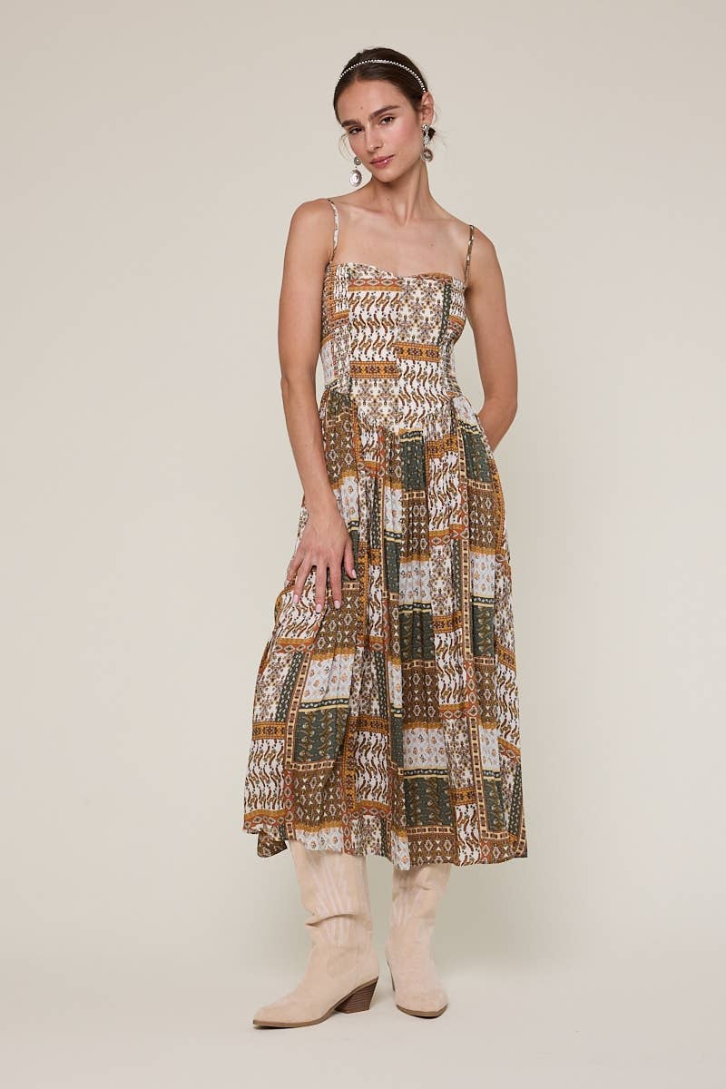 patchwork print midi dress, boho midi dress, smocked bodice dress, brown green printed dress, adjustable strap midi dress, flowy rayon midi dress, western inspired midi dress, fall transition dress, patterned sleeveless dress, neutral boho dress