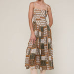 patchwork print midi dress, boho midi dress, smocked bodice dress, brown green printed dress, adjustable strap midi dress, flowy rayon midi dress, western inspired midi dress, fall transition dress, patterned sleeveless dress, neutral boho dress