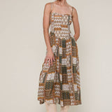 patchwork print midi dress, boho midi dress, smocked bodice dress, brown green printed dress, adjustable strap midi dress, flowy rayon midi dress, western inspired midi dress, fall transition dress, patterned sleeveless dress, neutral boho dress